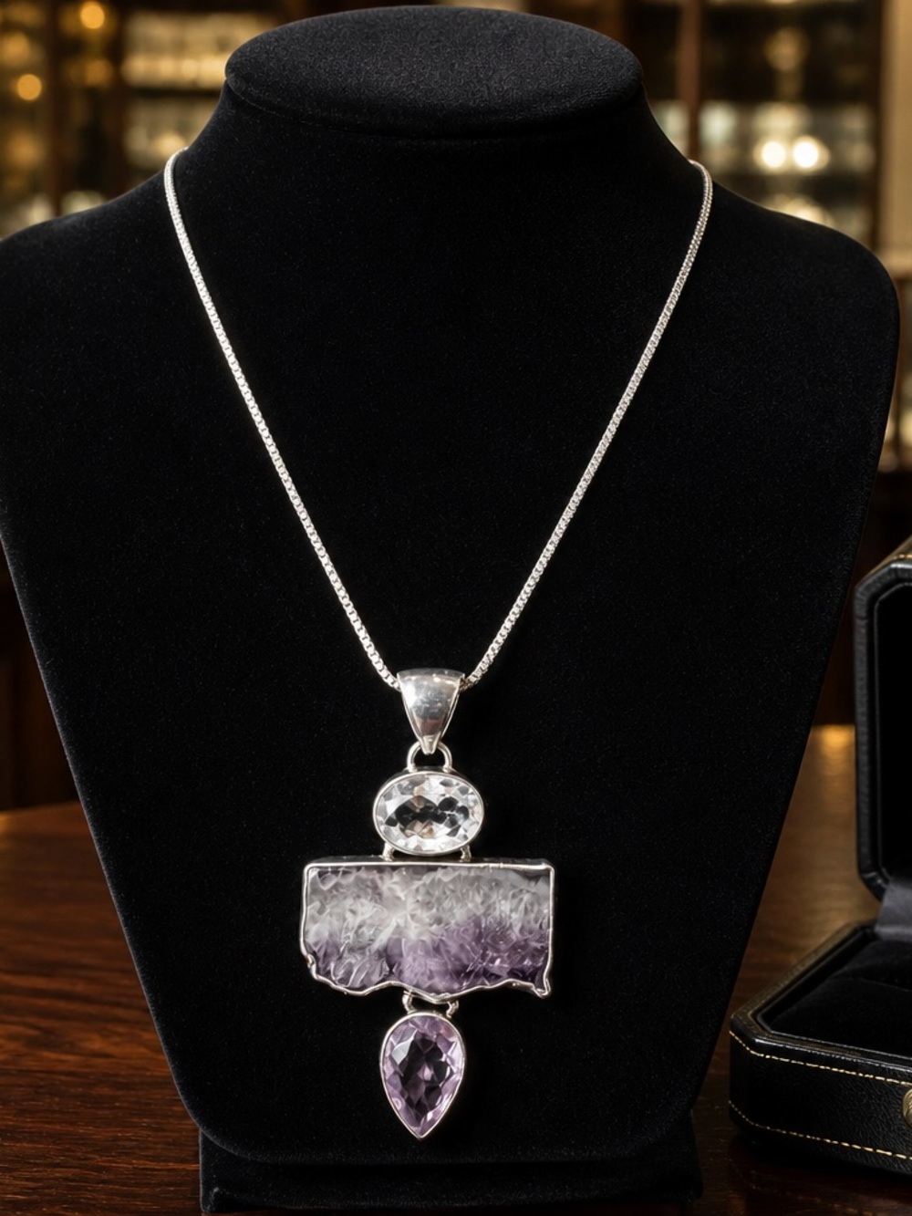 Sterling Silver Amethyst and Quartz Statement Necklace - Purple